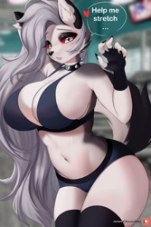 Size: 1600x2400 | Tagged: safe, artist:macaronneko, loona (vivzmind), canine, fictional species, hellhound, mammal, anthro, hazbin hotel, helluva boss, 2022, absolute cleavage, belly button, breasts, cleavage, clothes, ear fluff, female, fluff, gray hair, hair, huge breasts, long hair, looking at you, solo, solo female, tail, tail fluff, thick thighs, thighs, white body