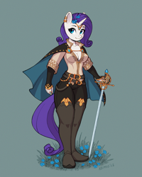 Size: 1600x2000 | Tagged: safe, artist:asimos, rarity (mlp), equine, fictional species, mammal, pony, unicorn, anthro, friendship is magic, hasbro, my little pony, 2022, absolute cleavage, anthrofied, blue eyes, breasts, cape, cleavage, clothes, eyelashes, female, hair, horn, mane, mare, purple hair, purple mane, purple tail, rapier, simple background, smiling, solo, solo female, sword, tail, weapon, white body