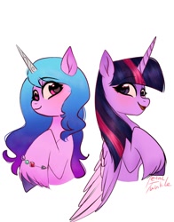 Size: 1074x1368 | Tagged: safe, artist:petaltwinkle, izzy moonbow (mlp), twilight sparkle (mlp), alicorn, equine, fictional species, mammal, pony, unicorn, feral, friendship is magic, hasbro, my little pony, my little pony g5, spoiler:my little pony g5, 2022, alternate design, bust, colored wings, cute, duo, duo female, feathered wings, feathers, female, females only, hooves, horn, mare, multicolored wings, portrait, signature, simple background, slim, smiling, unshorn fetlocks, white background, wings