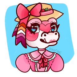 Size: 1000x1000 | Tagged: safe, artist:pokefaye, gayle (animal crossing), alligator, crocodilian, reptile, anthro, animal crossing, nintendo, 2022, 2d, bust, clothes, cute, female, front view, hat, headwear, heart, heart eyes, lesbian pride flag, looking at you, pride flag, solo, solo female, three-quarter view, wingding eyes