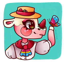 Size: 1000x1000 | Tagged: safe, artist:pokefaye, merengue (animal crossing), arthropod, butterfly, insect, mammal, rhino, anthro, animal crossing, nintendo, 2022, 2d, clothes, cute, female, hat, headwear, heart, heart eyes, pansexual pride flag, pride flag, solo, solo female, wingding eyes