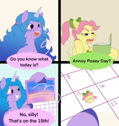 Size: 2222x2367 | Tagged: safe, artist:aztrial, izzy moonbow (mlp), posey (mlp g5), earth pony, equine, fictional species, mammal, pony, unicorn, hasbro, my little pony, my little pony g5, nickelodeon, spongebob squarepants (series), spoiler:my little pony g5, annoyed, blushing, book, bow, calendar, comic, dialogue, frowning, grin, hair bow, happy, hooves, jewelry, necklace, open mouth, open smile, smiling, talking, unamused, unshorn fetlocks