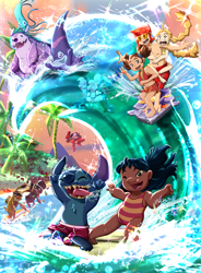 Size: 2400x3254 | Tagged: safe, artist:angoraram, artist:d barenzu, artist:mr. niffler, artist:nexaferret, artist:salty nebula, artist:strayva, collaboration, cannonball (lilo & stitch), lilo pelekai (lilo & stitch), sinker (lilo & stitch), stitch (lilo & stitch), yin (lilo & stitch), yuna kamihara (stitch!), oc, oc:kyozuki yamada (stitch triverse), oc:lyra (strayva), oc:mr. niffler, oc:petra (mr. niffler), oc:yaiko galaxia (stitch triverse), oc:yeila, alien, experiment (lilo & stitch), fictional species, human, mammal, stitch triverse, disney, lilo & stitch, stitch!, 2022, 4 fingers, 5 fingers, antennae, arm marking, back marking, black hair, blonde hair, blue body, blue fur, blue tongue, body markings, brown body, brown eyes, brown hair, carrying, chest fluff, chest marking, clothes, colored tongue, digital art, dorsal fin, experiment pod, eyelashes, eyes closed, eyewear, female, fin, fingers, fluff, flying, fur, gem, gesture, glasses, group, hair, happy, head fluff, head tuft, high res, jewelry, long hair, looking at you, male, money, multicolored antennae, necklace, ocean, one eye closed, one-piece swimsuit, open mouth, open smile, palm tree, partial nudity, pearl, pearl necklace, piggyback, pigtails, plant, purple body, purple eyes, raised arms, red body, red fur, red hair, saliva, scared, smiling, sparkles, sunglasses, surfboard, surfing, swimming, swimming trunks, swimsuit, tentacles, tongue, tongue out, topless, tree, tropical, underwater, v sign, water, wave, winking