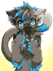 Size: 548x732 | Tagged: safe, artist:jeniak, oc, oc only, feline, mammal, anthro, 5 fingers, blue body, blue eyes, blue fur, blushing, chest fluff, cute, ear fluff, fingers, fluff, fur, gray body, gray fur, kemono, long tail, looking at you, male, multicolored body, multicolored fur, simple background, solo, solo male, tail, tongue, tongue out