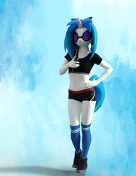 Size: 2800x3624 | Tagged: safe, artist:errantsfm, vinyl scratch (mlp), equine, fictional species, mammal, pony, unicorn, anthro, plantigrade anthro, friendship is magic, hasbro, my little pony, 2022, alcohol, anthrofied, beer, beer bottle, belly button, bottle, bottomwear, clothes, container, drink, female, horn, mare, midriff, shoes, shorts, sneakers, socks, solo, solo female