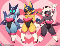 Size: 2645x2032 | Tagged: suggestive, alternate version, artist:burgerkiss, ankha (animal crossing), kindred (league of legends), lamb (cult of the lamb), rouge the bat (sonic), bovid, caprine, cat, feline, lamb, mammal, sheep, anthro, plantigrade anthro, animal crossing, cartoon network, cult of the lamb, league of legends, nintendo, sega, sonic the hedgehog (series), the powerpuff girls, 2022, big breasts, black nose, blushing, breasts, cameltoe, clothes, cosplay, crossover, crown, digital art, ears, eyelashes, fake wings, female, females only, fur, gloves, hair, hand on hip, headwear, heart background, high heels, high res, horns, jewelry, legwear, one eye closed, open mouth, open smile, pose, red crown (cult of the lamb), regalia, shoes, shortstack, smiling, stockings, suit, tail, thighs, tongue, trio, trio female, wide hips