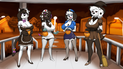 Size: 3840x2160 | Tagged: suggestive, artist:diacordst, dante (101 dalmatians), dawkins (101 dalmatian street), deepak (101 dalmatians), dylan (101 dalmatians), canine, dalmatian, dog, mammal, anthro, 101 dalmatian street, 101 dalmatians, disney, 16:9, 2022, areola, areola slip, bedroom eyes, big breasts, bottomwear, breasts, candy, clothes, detailed background, digital art, dress, ears, eyelashes, female, females only, food, fur, hair, hat, headwear, high heels, high res, looking at you, older, pumpkin bucket, rule 63, shirt, shoes, siblings, sister, sisters, skirt, spots, spotted body, spotted fur, tail, thighs, topwear, wallpaper, wide hips, witch costume, witch hat