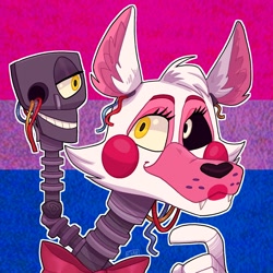 Size: 1500x1500 | Tagged: safe, artist:123rfggftggfhjg, mangle (fnaf), animatronic, canine, fictional species, fox, mammal, robot, five nights at freddy's, 2020, bigender, bisexual pride flag, bow, bow tie, clothes, flag, flag background, fluff, heterochromia, icon, looking up, outline, pride flag, solo, white outline, wires