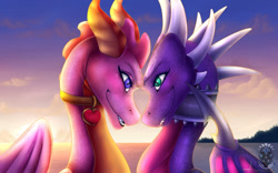 Size: 1280x798 | Tagged: safe, artist:revennoctura, cynder the dragon (spyro), ember the dragon (spyro), dragon, fictional species, reptile, scaled dragon, western dragon, feral, spyro the dragon (series), the legend of spyro, 2021, cloud, cynder/ember (spyro), dragoness, duo, duo female, female, female/female, females only, looking at each other, outdoors, shipping, speedpaint available