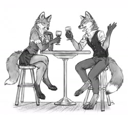 Size: 1280x1159 | Tagged: safe, artist:deyvarah, canine, fox, mammal, anthro, digitigrade anthro, alcohol, bar stool, blouse, bottomwear, bracelet, clothes, crossed legs, date, dress shirt, drink, duo, duo male and female, ear piercing, earring, female, jewelry, male, monochrome, on chair, piercing, shirt, sitting, skirt, table, talking to someone, topwear, vest, wine, wine glass, wooden floor