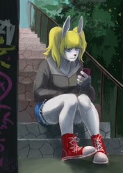 Size: 905x1280 | Tagged: safe, artist:hoti-to, oc, oc:amy summers, lagomorph, mammal, rabbit, anthro, blonde hair, breasts, cell phone, clothes, converse, daisy dukes, female, graffiti, hair, hoodie, knock-kneed, looking at phone, on steps, outdoors, phone, phone use, pigtails, short shorts, shorts, sitting, smartphone, sneakers, solo, solo female, stairs, topwear, wedding ring