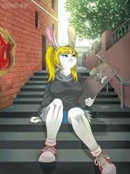Size: 960x1280 | Tagged: safe, artist:churrokat, oc, oc:amy summers, lagomorph, mammal, rabbit, anthro, 2019, blonde hair, building, clothes, daisy dukes, day, female, graffiti, hair, holding, holding object, hoodie, looking up, on steps, outdoors, pigtails, short shorts, shorts, sitting, skateboard, sneakers, solo, solo female, stairs, topwear, urban, wall, watermark