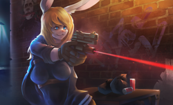 Size: 1280x780 | Tagged: safe, artist:keickbutt, oc, oc:amy summers, lagomorph, mammal, rabbit, anthro, 2019, aiming, alleyway, breasts, can, clothes, container, desert eagle, female, gloves, graffiti, gun, handgun, holster, laser sight, night, open hoodie, outdoors, pistol, smiling, solo, solo female, street lamp, table, weapon