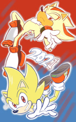 Size: 1280x2056 | Tagged: safe, artist:chibi-jen-hen, shadow the hedgehog (sonic), sonic the hedgehog (sonic), hedgehog, mammal, anthro, sega, sonic the hedgehog (series), 2021, duo, duo male, male, males only, super shadow, super sonic