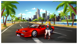 Size: 2537x1449 | Tagged: safe, artist:renneon, oc, oc:amy summers, lagomorph, mammal, rabbit, anthro, sega, 2020, breasts, car, city, clothes, coast, daisy dukes, day, female, ferrari, hair, high top sneakers, hoodie, open hoodie, outrun, palm tree, pigeon toed, pigtails, plant, road, short shorts, shorts, skyline, sneakers, solo, solo female, sports car, topwear, touching face, tree, tube top, vehicle, water, wide hips