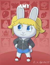 Size: 695x900 | Tagged: safe, artist:vir-no-vigoratus, oc, oc:amy summers, lagomorph, mammal, rabbit, anthro, animal crossing, nintendo, 2020, chibi, clothes, female, hair, hand on hip, hoodie, jean shorts, pigtails, signature, sneakers, solo, solo female, standing, topwear, wide stance