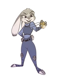 Size: 812x1080 | Tagged: safe, artist:rin tyan, judy hopps (zootopia), lagomorph, mammal, rabbit, anthro, digitigrade anthro, disney, zootopia, 2019, breasts, buckteeth, clothes, digital art, ears, eyelashes, female, fur, open mouth, pink nose, police badge, police uniform, short tail, simple background, solo, solo female, tail, teeth, thighs, wide hips