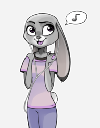 Size: 264x336 | Tagged: safe, artist:rin tyan, judy hopps (zootopia), lagomorph, mammal, rabbit, anthro, disney, zootopia, 2019, bottomwear, buckteeth, clothes, digital art, earphones, ears, eyelashes, female, fur, low res, open mouth, pants, pink nose, shirt, short tail, simple background, solo, solo female, tail, teeth, thighs, tongue, topwear