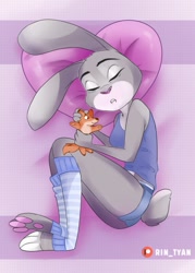 Size: 917x1280 | Tagged: safe, artist:rin tyan, judy hopps (zootopia), lagomorph, mammal, rabbit, anthro, digitigrade anthro, disney, zootopia, 2019, bed, bottomwear, breasts, buckteeth, clothes, digital art, ears, eyelashes, eyes closed, female, fur, lying down, lying on bed, on bed, open mouth, pillow, pink nose, plushie, shirt, short tail, shorts, sleeping, solo, solo female, tail, teeth, thighs, topwear, toy, wide hips