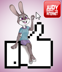 Size: 762x879 | Tagged: safe, artist:rin tyan, judy hopps (zootopia), lagomorph, mammal, rabbit, anthro, digitigrade anthro, disney, zootopia, 2019, bottomwear, breasts, buckteeth, clothes, digital art, ears, eyelashes, female, fur, open mouth, pink nose, shirt, short tail, shorts, simple background, sitting, solo, solo female, tail, teeth, thighs, tongue, topwear, wide hips