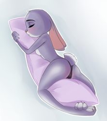 Size: 1032x1168 | Tagged: suggestive, artist:rin tyan, judy hopps (zootopia), lagomorph, mammal, rabbit, anthro, digitigrade anthro, disney, zootopia, 2019, breasts, cameltoe, clothes, digital art, ears, eyelashes, eyes closed, female, fur, open mouth, panties, partial nudity, pillow, pink nose, rear view, short tail, sideboob, simple background, sleeping, solo, solo female, tail, thighs, topless, underwear, wide hips