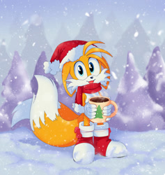 Size: 900x951 | Tagged: safe, artist:montyth, miles "tails" prower (sonic), canine, fox, mammal, red fox, anthro, sega, sonic the hedgehog (series), 2d, blue eyes, boots, christmas, clothes, conifer tree, dipstick tail, drink, fur, hat, headwear, holiday, hot chocolate, looking at you, male, mug, open mouth, open smile, orange body, orange fur, plant, santa hat, scarf, shoes, smiling, smiling at you, snow, snowfall, solo, solo male, tail, tree, winter