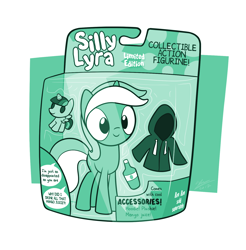 Size: 1490x1517 | Tagged: safe, artist:dori-to, lyra heartstrings (mlp), equine, fictional species, mammal, pony, unicorn, feral, friendship is magic, hasbro, my little pony, 2017, action figure, bottle, clothes, container, female, hair, hoodie, looking at you, mane, mango juice, mare, monochrome, plushie, silly lyra, smiling, smiling at you, solo, solo female, tail, text, topwear, toy, twilight sparkle plush (mlp)