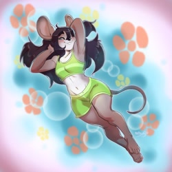Size: 1200x1200 | Tagged: safe, artist:rayjay, mammal, mouse, rodent, anthro, arm behind head, barefoot, bedroom eyes, belly button, black hair, blue eyes, blushing, bottomwear, breasts, buckteeth, clothes, feet, female, hair, hand behind head, long hair, rubbing feet, shorts, smiling, solo, solo female, teeth, thick thighs, thighs, toes, topwear, wide hips