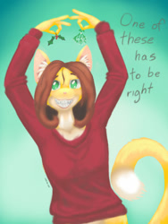 Size: 960x1280 | Tagged: safe, artist:dreadlime, cat, feline, mammal, anthro, female, holly, holly mistaken for mistletoe, mistletoe, solo, solo female