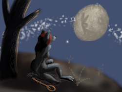 Size: 2048x1536 | Tagged: safe, artist:dreadlime, canine, mammal, wolf, anthro, female, moon, solo, solo female