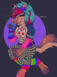 Size: 959x1280 | Tagged: safe, artist:fanghaunt, canine, mammal, anthro, 2020, bottomwear, bow, brown eyes, clothes, cyan hair, digital art, ear piercing, ears, fur, gesture, hair, heart, industrial piercing, jewelry, looking at you, magenta hair, necklace, nose piercing, one eye closed, pants, paws, piercing, punk, solo, tail, tank top, tongue, tongue out, topwear, v sign, winking