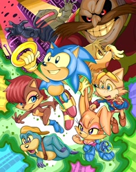Size: 3228x4096 | Tagged: safe, artist:toryex, antoine d'coolette (sonic), bunnie rabbot (sonic), miles "tails" prower (sonic), princess sally acorn (sonic), rotor the walrus (sonic), sonic the hedgehog (sonic), badnik, canine, chipmunk, coyote, fictional species, fox, hedgehog, human, lagomorph, mammal, rabbit, red fox, robot, rodent, swatbot (sonic), anthro, humanoid, sega, sonic the hedgehog (satam), sonic the hedgehog (series), cybernetics, cyborg, doctor robotnik (satam), eyelashes, female, high res, male, power ring (sonic), smiling, teeth, tusks