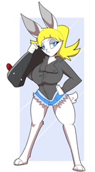 Size: 712x1280 | Tagged: safe, artist:fenelek, oc, oc:amy summers, lagomorph, mammal, rabbit, anthro, 2020, blonde hair, breasts, clothes, daisy dukes, eyeshadow, female, hair, holding, holding object, hoodie, huge breasts, lidded eyes, makeup, short shorts, shorts, simple background, skateboard, solo, solo female, standing, topwear