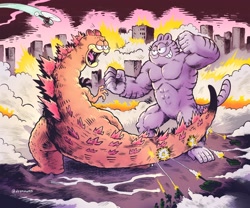 Size: 2048x1706 | Tagged: safe, artist:dsamowen, garfield (garfield), godzilla (godzilla), nermal (garfield), cat, feline, fictional species, kaiju, mammal, garfield (comic), godzilla (series), 2022, city, cityscape, crossover, detailed background, digital art, duo, duo male, fighting, gray body, male, males only, military, open mouth, orange body