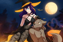 Size: 1891x1280 | Tagged: safe, artist:twokinds, maren taverndatter (twokinds), sythe (twokinds), fictional species, human, keidran, mammal, anthro, twokinds, broom, clothes, costume, female, halloween, halloween costume, hat, headwear, holiday, male, moon, witch hat