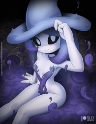 Size: 961x1230 | Tagged: suggestive, artist:rilexlenov, oc, oc only, fictional species, hatterene, anthro, nintendo, pokémon, 2022, breasts, clothes, costume, digital art, ears, eyelashes, female, halloween, halloween costume, hat, headwear, holiday, looking at you, pose, sitting, smiling, smiling at you, solo, solo female, thighs, useless clothing, wide hips