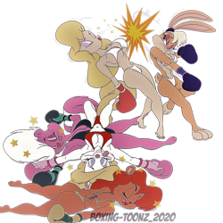 Size: 1200x1200 | Tagged: suggestive, artist:boxing-toonz, bimbette (tiny toon adventures), hello nurse (animaniacs), julie bruin (tiny toon adventures), lola bunny (looney tunes), minerva mink (animaniacs), bear, human, lagomorph, mammal, mink, mustelid, rabbit, skunk, anthro, animaniacs, looney tunes, tiny toon adventures, warner brothers, bikini, boxing, boxing gloves, breasts, butt, clothes, defeated, dizzy, feet, female, fighting, gloves, group, knocked out, knockout, panties, paws, pile, punching, simple background, sleeping, stars, swimsuit, tail, thong, tongue, tongue out, transparent background, unconscious, watermark