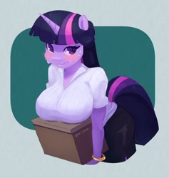 Size: 1187x1253 | Tagged: suggestive, artist:talimingi, twilight sparkle (mlp), equine, fictional species, mammal, pony, unicorn, anthro, friendship is magic, hasbro, my little pony, 2022, anthrofied, big breasts, blushing, box, bracelet, breast rest, breasts, button-up shirt, carrying, clothes, container, dress shirt, female, green background, horn, huge breasts, jewelry, large order of milk, looking at you, mare, office lady, shirt, simple background, solo, solo female, sweat, topwear