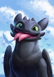 Size: 1275x1800 | Tagged: safe, artist:tsitra360, toothless (httyd), dragon, fictional species, night fury, feral, dreamworks animation, how to train your dragon, male, open mouth, scales, solo, solo male, tongue, tongue out, wings
