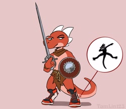 Size: 2498x2181 | Tagged: safe, artist:tamlin123, fictional species, kobold, reptile, anthro, clothes, high res, horns, loincloth, male, shield, sneakers, solo, solo male, sword, tail, weapon