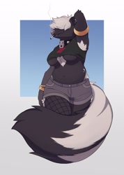 Size: 2711x3800 | Tagged: suggestive, artist:calicocryptid, artist:kintsugeist, mammal, skunk, anthro, arm above head, belly, belly button, big breasts, big tail, black body, black fur, black shirt, bottomwear, breasts, cigarette, clothes, crop top, cropped shirt, female, fishnet, fishnet stockings, fur, hair, hair over eyes, high res, legwear, multicolored body, multicolored fur, nose piercing, nose ring, piercing, see-through, shirt, short shorts, shorts, slightly chubby, smoking, solo, solo female, stockings, tail, topwear, two toned body, two toned fur, underboob, white body, white fur