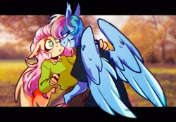 Size: 2048x1423 | Tagged: safe, artist:lrusu, fluttershy (mlp), rainbow dash (mlp), equine, fictional species, mammal, pegasus, pony, anthro, feral, friendship is magic, hasbro, my little pony, blushing, bottomwear, clothes, cute, duo, feathered wings, feathers, female, female/female, females only, flutterdash (mlp), looking at each other, looking at someone, shipping, shirt, skirt, smiling, sweater, t-shirt, topwear, wings