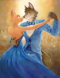 Size: 1595x2048 | Tagged: safe, artist:akatan art, diane foxington (the bad guys), mr. wolf (the bad guys), canine, fox, mammal, wolf, anthro, dreamworks animation, the bad guys, bedroom eyes, big breasts, breasts, dancing, duo, female, looking at each other, male, romantic, romantic couple, smiling, vixen