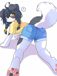 Size: 1200x1600 | Tagged: suggestive, artist:koto0v0haru, oc, oc only, oc:cotorita (koto0v0haru), border collie, canine, collie, dog, mammal, anthro, 2022, 2d, blushing, bottomwear, braids, butt, clothes, confused, flower, looking at you, looking back, looking back at you, pants, paw pads, paws, plant, question mark, shirt, shorts, simple background, solo, speech bubble, sunflower, topwear, white background