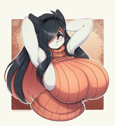 Size: 2041x2250 | Tagged: safe, artist:secretly_saucy, oc, oc only, oc:nikki (saucy), cat, feline, mammal, anthro, 2022, arms behind head, border, breasts, clothes, hair, high res, huge breasts, long hair, sweater, topwear, turtleneck, white border