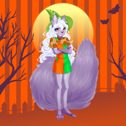 Size: 4000x4000 | Tagged: safe, artist:bismark, oc, oc only, oc:sunny (b11s), mammal, rodent, squirrel, anthro, absurd resolution, clothes, costume, cute, femboy, fluff, fur, hair, halloween, halloween costume, holiday, long hair, male, paws, purple eyes, scarecrow, simple background, solo, solo male, tail, tail fluff, white hair
