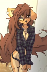 Size: 1435x2171 | Tagged: safe, artist:tinygaypirate, oc, oc:apogee (tinygaypirate), canine, dog, mammal, anthro, absolute cleavage, arm boob squeeze, braless, breast squish, breasts, cleavage, clothes, female, looking at you, panties, small breasts, smiling, smiling at you, solo, solo female, thick thighs, thighs, underwear, wide hips