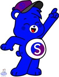 Size: 1660x2164 | Tagged: safe, artist:mrstheartist, oc, oc only, oc:creative bear, bear, fictional species, mammal, semi-anthro, care bears, care bears: unlock the magic, trace, belly badge, black outline, bright colors, care bear, cute, excited, eyes closed, happy, male, ocbetes, open mouth, pointing, solo, solo male