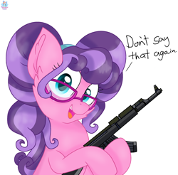 Size: 1680x1652 | Tagged: safe, artist:rainbow eevee, earth pony, equine, fictional species, mammal, pony, hasbro, my little pony, akm, cheek fluff, cute, delet this, dialogue, female, fluff, freckles, glasses, gun, hair, holding, hoof hold, hooves, looking at you, mare, meme, open mouth, petalbetes, petunia petals (mlp), pigtails, rainbow roadtrip, simple background, smiling, smiling at you, solo, solo female, talking, talking to viewer, teal eyes, text, threatening, weapon, white background