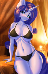 Size: 839x1280 | Tagged: safe, artist:hellcat120, rarity (mlp), equine, fictional species, mammal, pony, unicorn, anthro, friendship is magic, hasbro, my little pony, 2022, absolute cleavage, anthrofied, bedroom eyes, belly button, big breasts, bikini, breasts, cleavage, clothes, cutie mark, detailed background, digital art, ears, eyelashes, female, fur, hair, horn, looking at you, mare, pose, solo, solo female, swimsuit, tail, thighs, wide hips